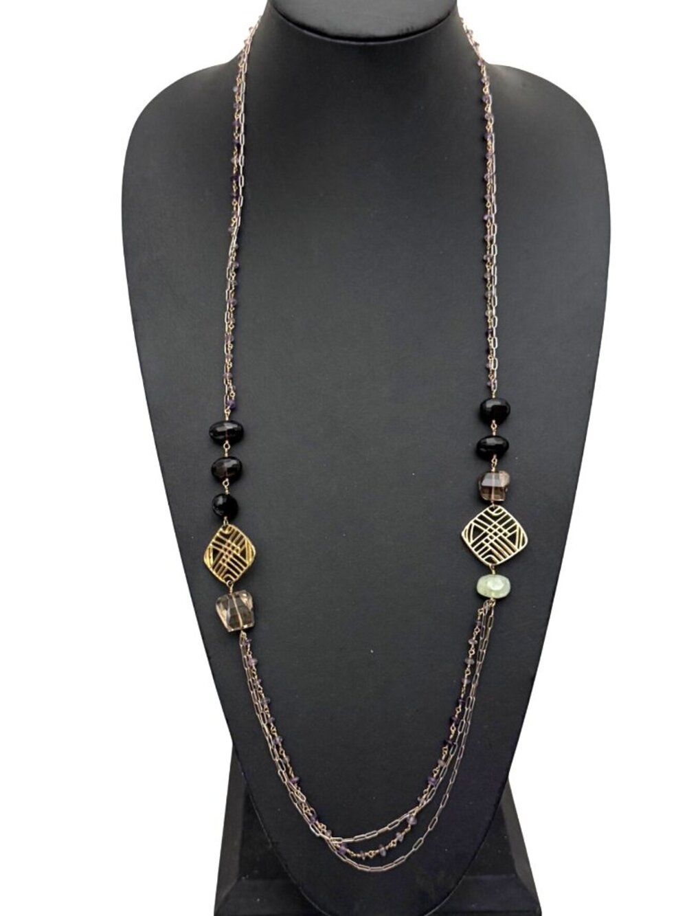Wendy Mink Long Necklace Mixed Stones Boho Artisan Signed Gold Tone 35 Inches